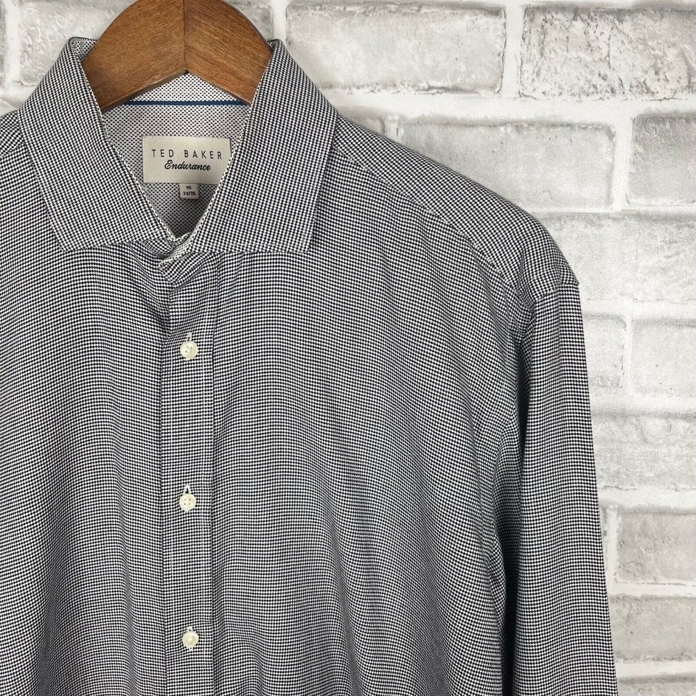 Ted Baker Endurance16 34/35 Black Micro Houndstooth Print LS/BU Modern Shirt